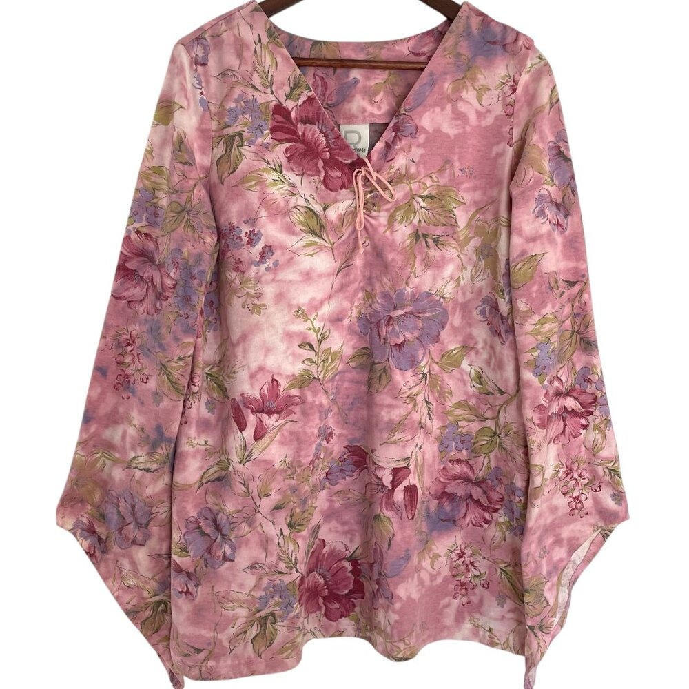 Vintage Y2K Bell Sleeve Tunic Top Medium M Pink Floral Lace Up Whimsy Fairy Core